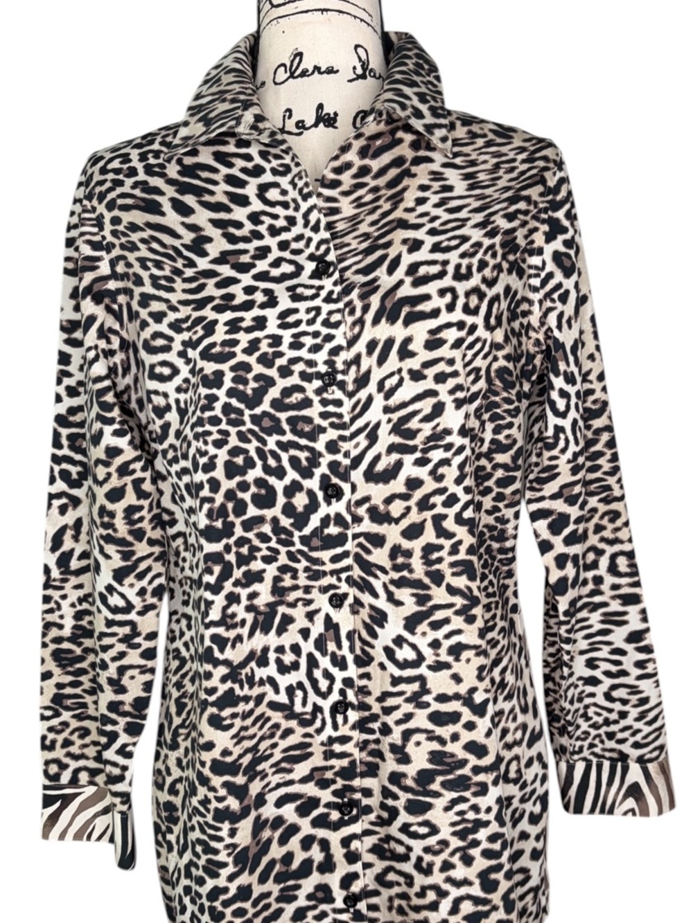 Chico's Leopard-Print Button Down Top in Black and Cream - 0 or Size 6